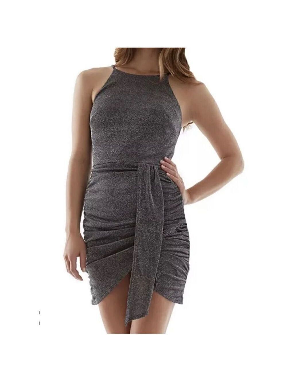 BCX Junior’s Silver Drape-front Sleeveless Mini Dress. (Med)